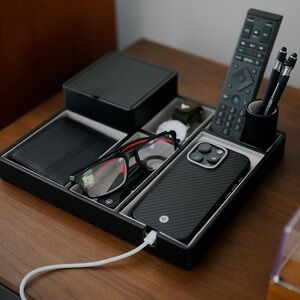 NEW RFID Box Nightstand Organizer - Multi-Compartment Catchall Blk in Color